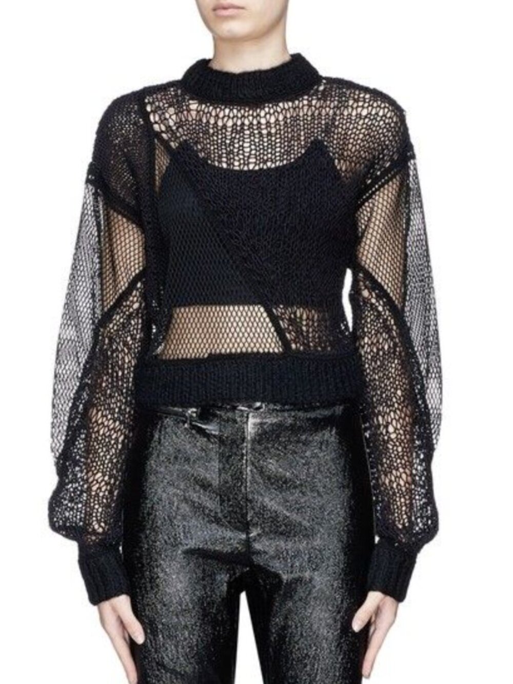 HELMUT LANG Siouxie Fishnet Patchwork Sweater – Black – Size S